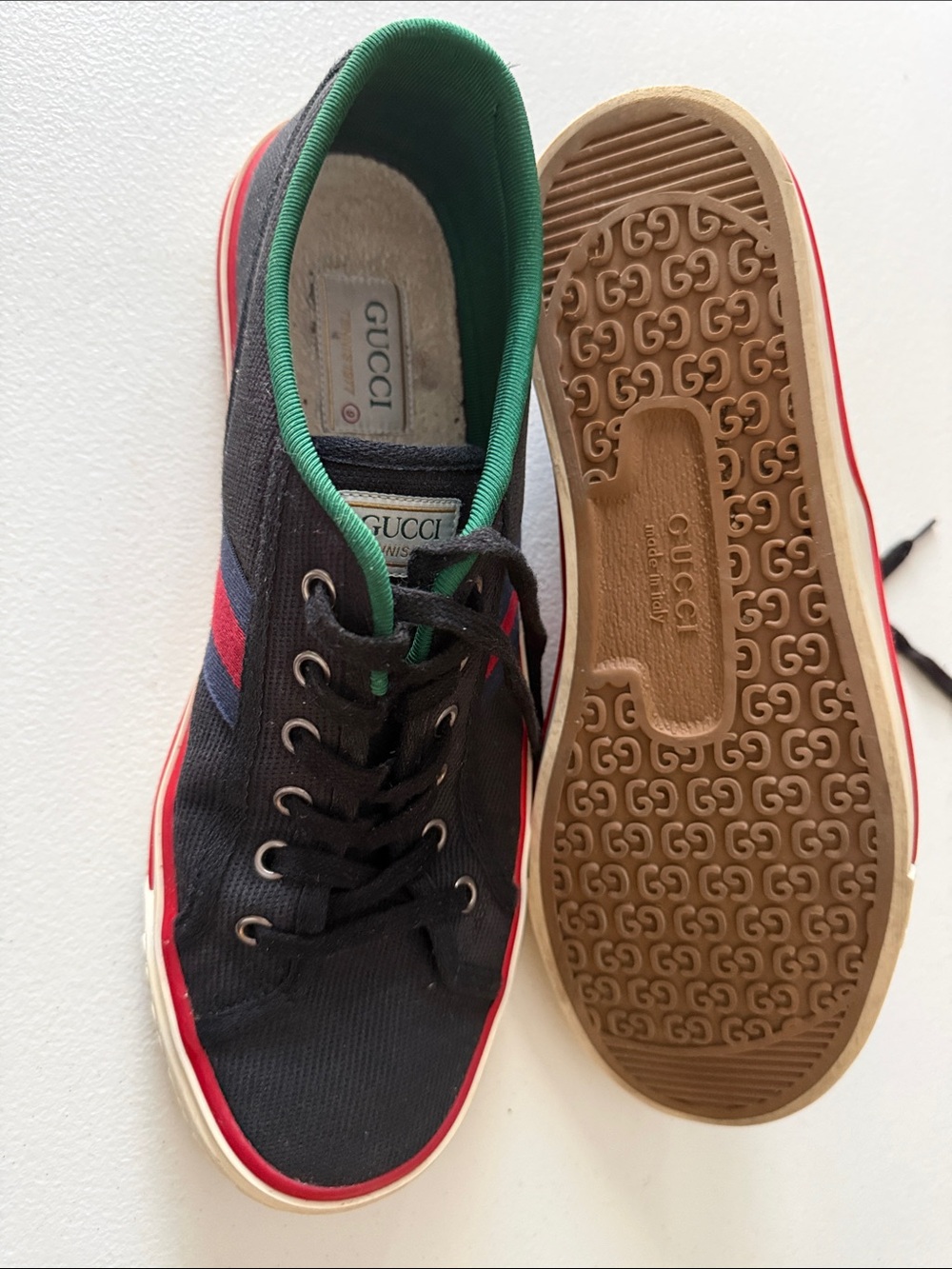 Gucci Men’s Black Canvas Sneakers with Red & Blue Stripe - Picture 7 of 11